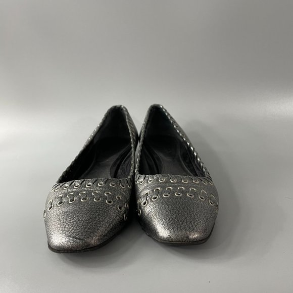 Authentic PRADA Pewter Metallic Leather Block Heels, 36 1/2 - Picture 3 of 11